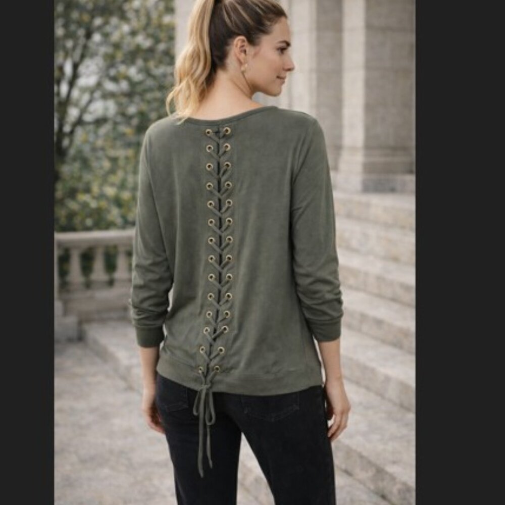 Pink‎ Clover Sweater Womens XL Green Lace Up Back Knit Cozy Casual Pullover